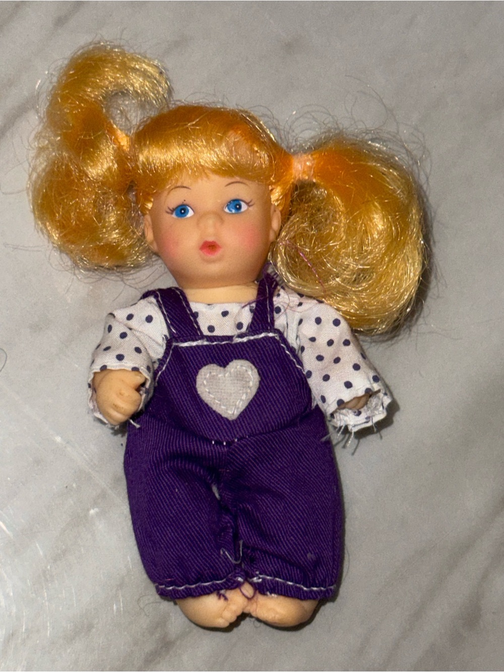 5" Girl Play Doll Blonde Curly Hair Blue Eyes Purple Overalls Removable Outfit